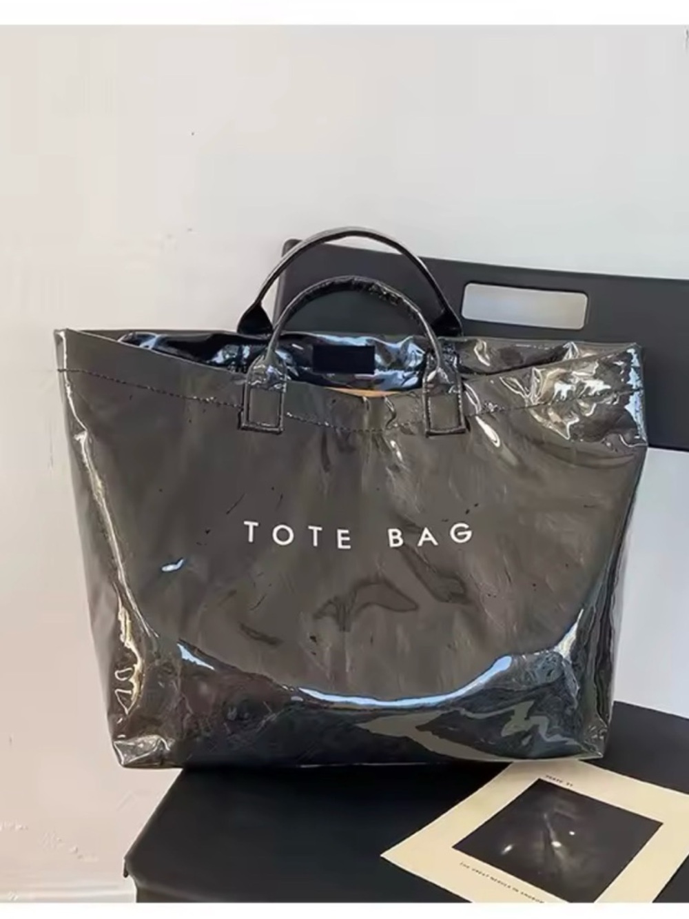 totes Black Tote Bag with White 'TOTE BAG' Print